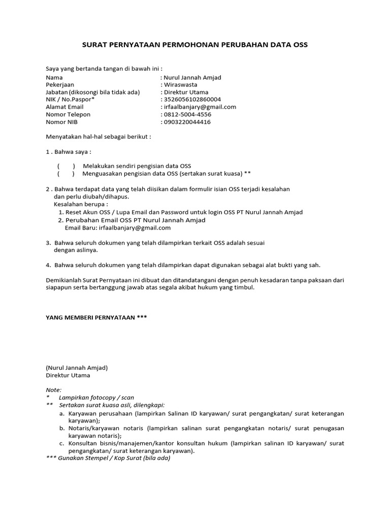 Permohonan Perubahan Data OSS Karyawan | PDF