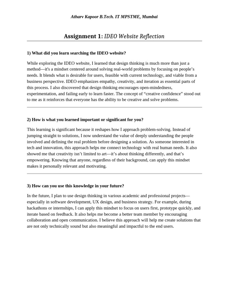 Design Thinking Insights for Assignments | PDF