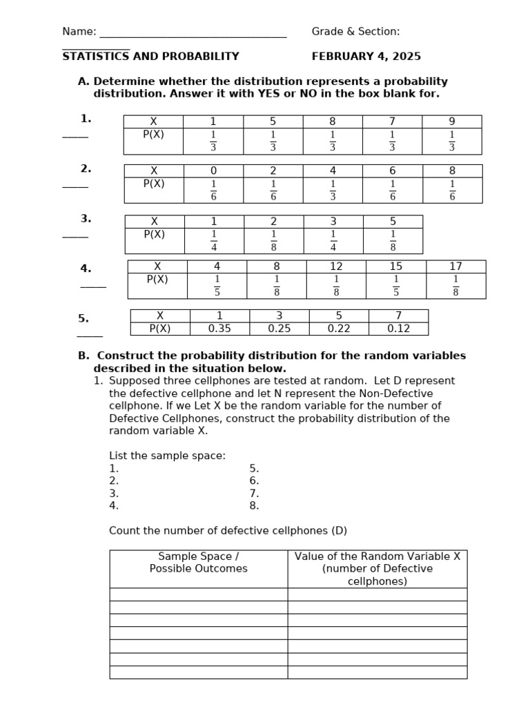 Activity Sheet - Statistics and Probability | PDF | Probability ...