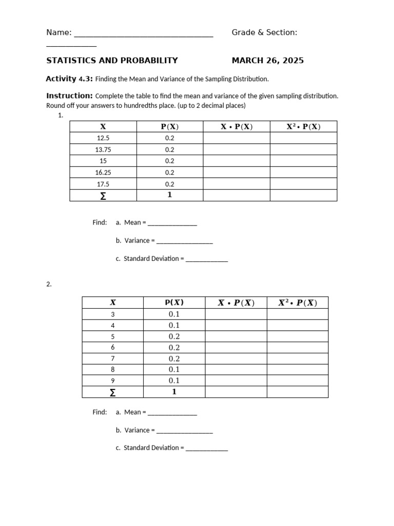 Mean and Variance in Sampling Distribution | PDF