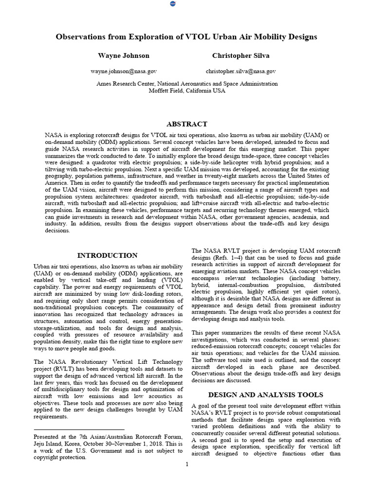 VTOL Urban Air Mobility Design Insights | PDF | Aircraft | Nasa