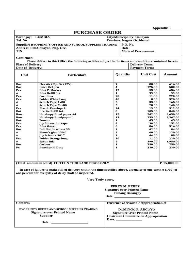 Purchase Order for Barangay Supplies | PDF
