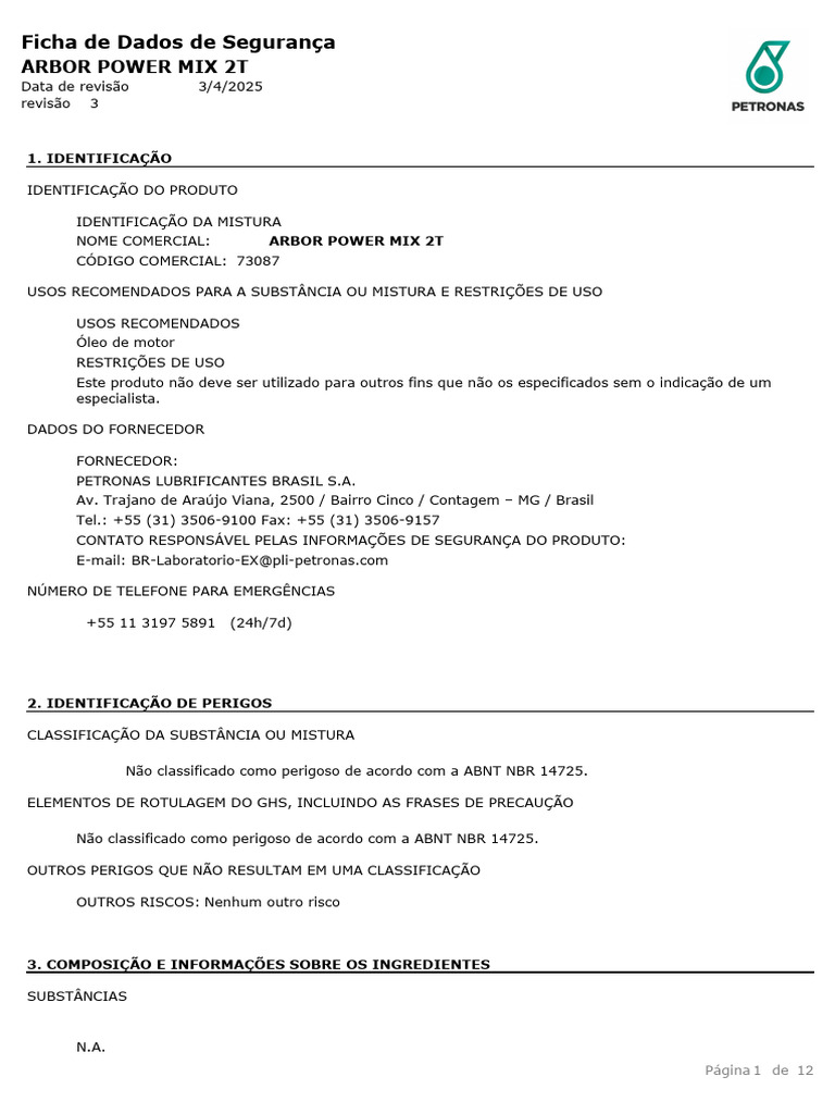 Ficha de Segurança Arbor Power Mix 2T | PDF | Toxicidade | Química