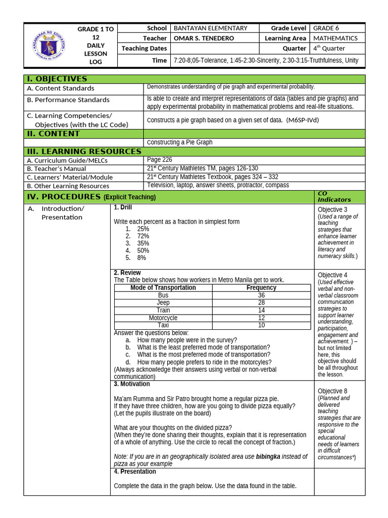 DLP Math-Q4 Pie Graph 2 | PDF | Learning | Teachers