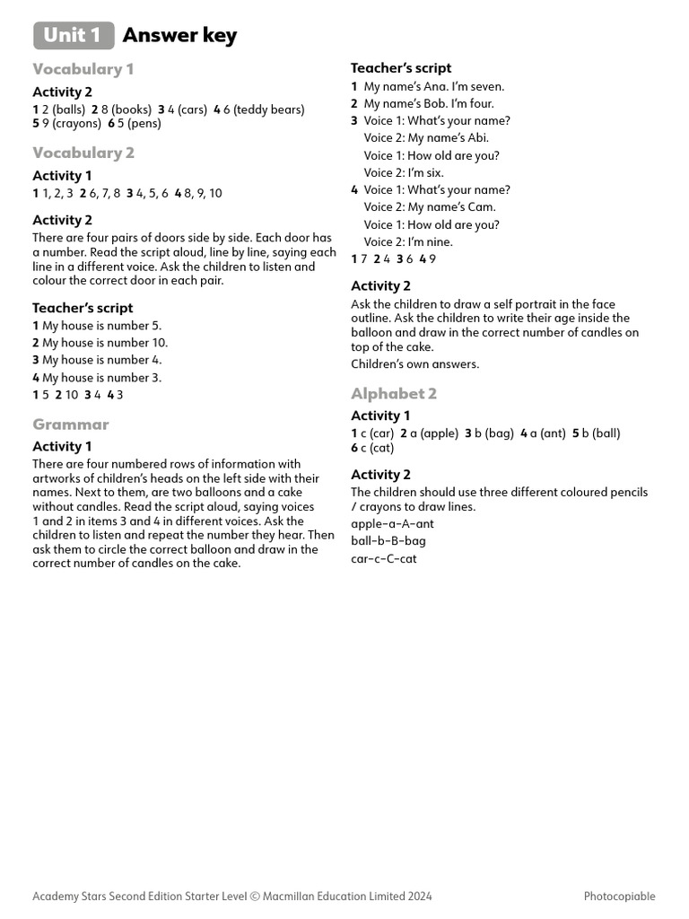 Academy Stars Starter Level Answer Key | PDF