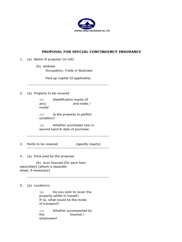 Spl. Contingency Proposal Form - 0 | PDF | Insurance | Business Law