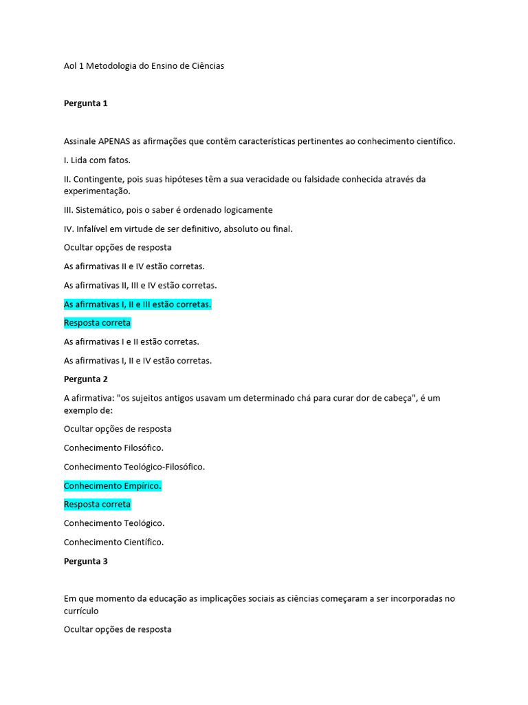 AOL 1 Metodologia Do Ensino de Ciências | PDF | Science | Método científico