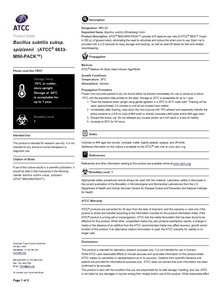Bacillus subtilis ATCC 6633 Mini-Pack | PDF | Atcc (Company) | Biology