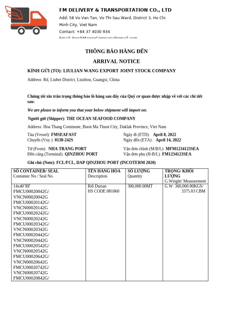 Arrival Notice Fmco Theocean | PDF
