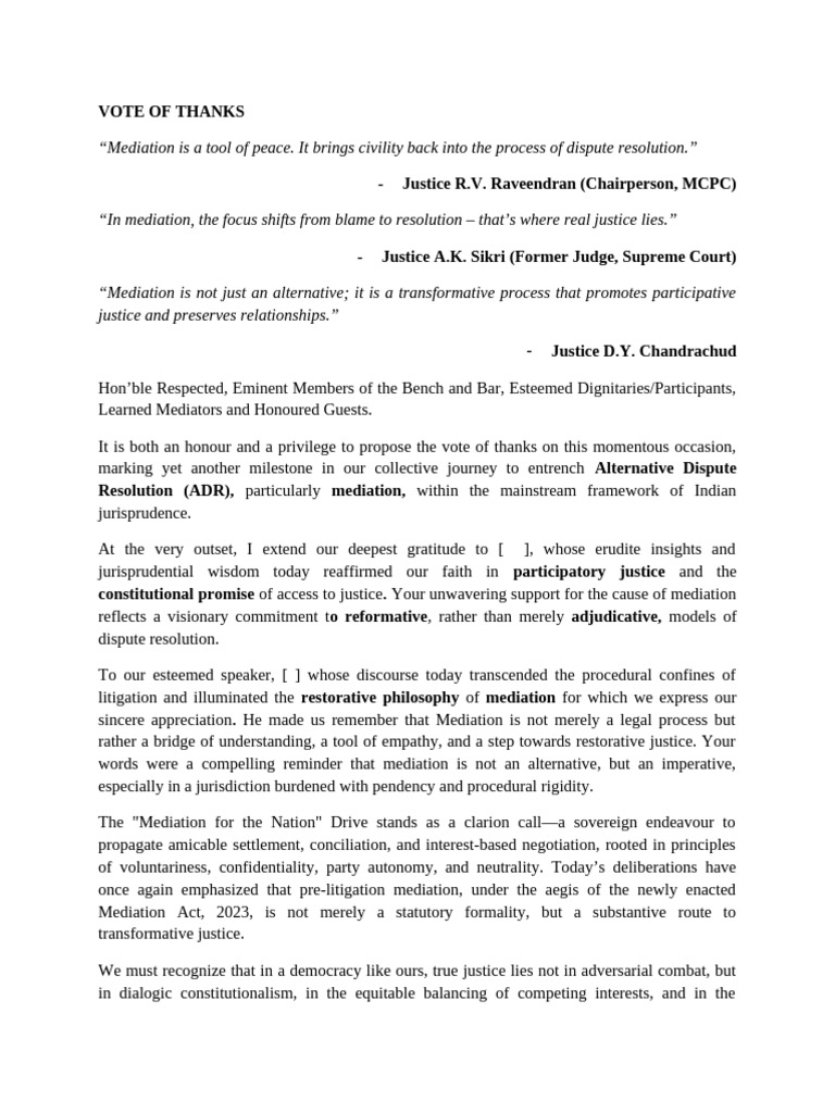 Vote of Thanks | PDF | Mediation | Dispute Resolution