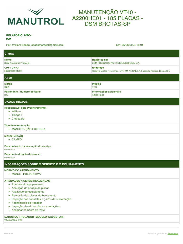 Manutenção do Trocador VT40 em Brotas | PDF