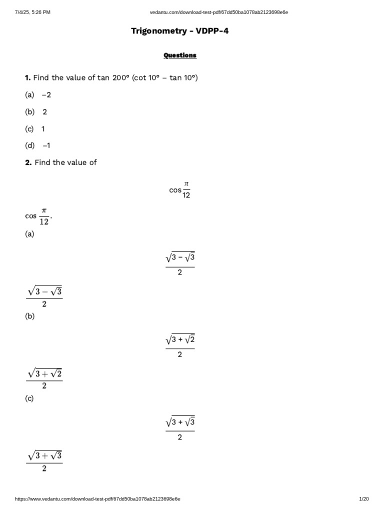 Trigonometry Practice Questions and Solutions | PDF | Chess Theory | Chess