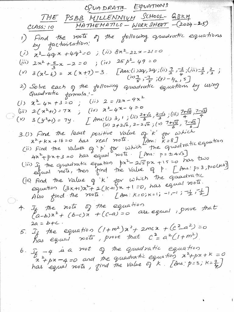 9 STD 10 Math Quadratic Eqns WS 24-251714307541 | PDF