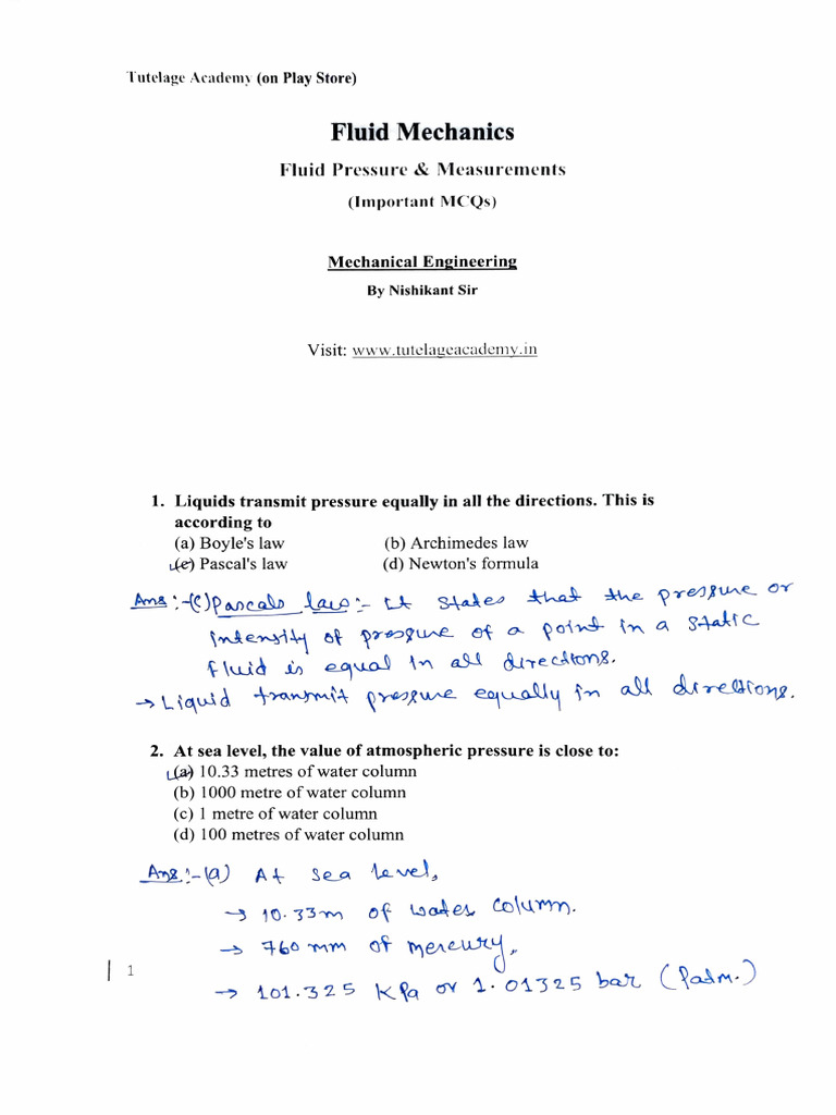 Fluid Mechanics MCQs for Engineers | PDF | Pressure | Pressure Measurement