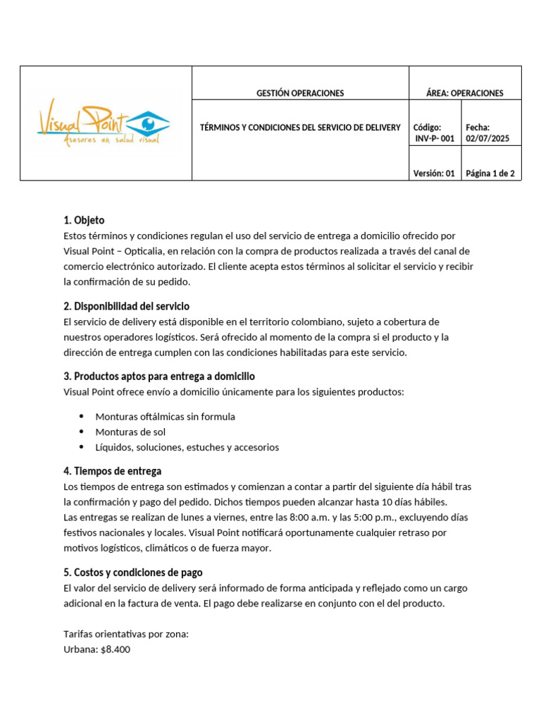 Terminos y Condiciones Delivery VisualPoint | PDF | Entrega (Comercio)