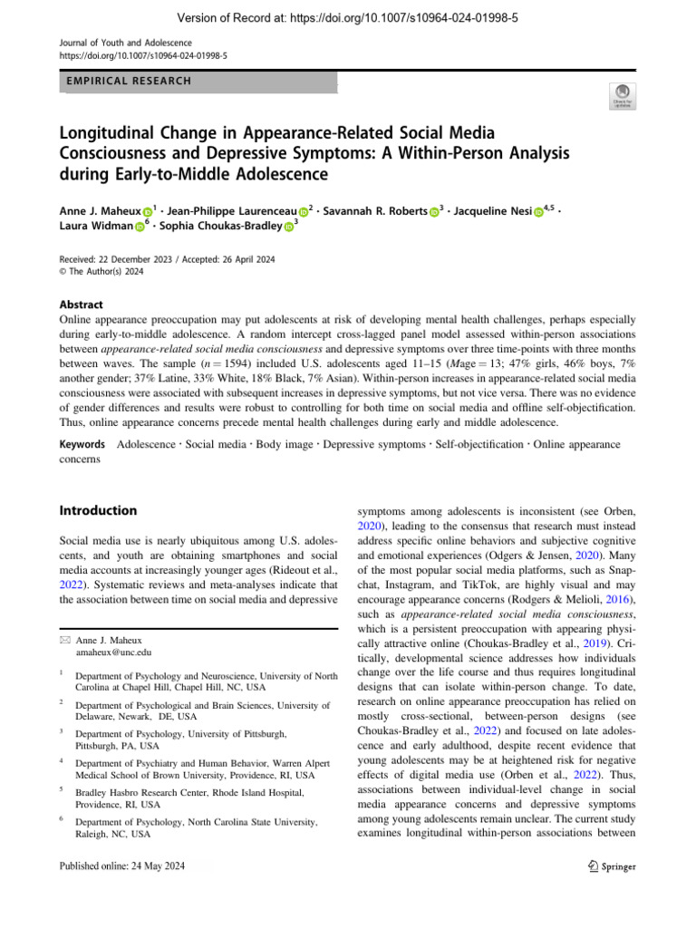 Longitudinal Change in Appearance-Related Social Media Consciousness ...