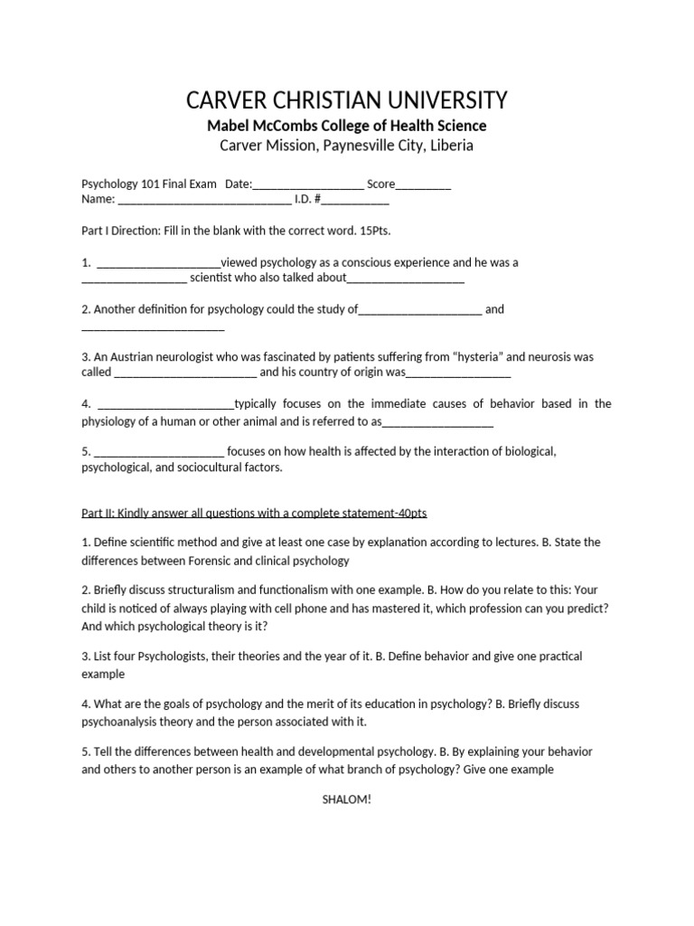 Psychology 101 Final Exam Overview | PDF