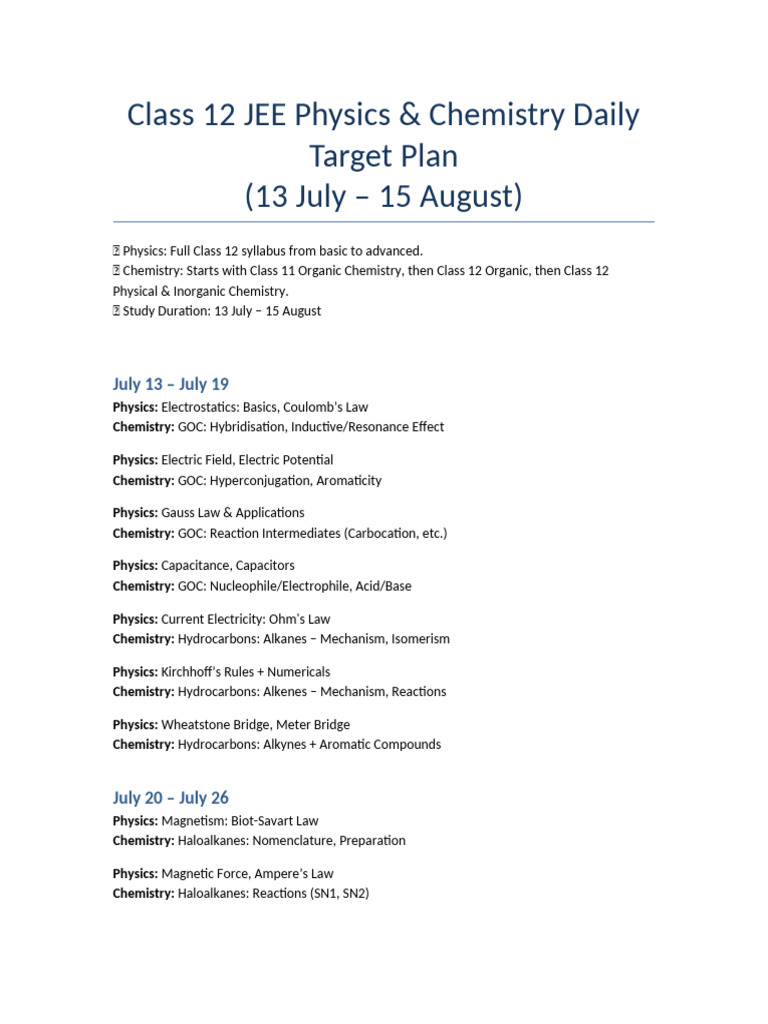 JEE Class 12 Physics & Chemistry Plan | PDF | Chemical Reactions ...