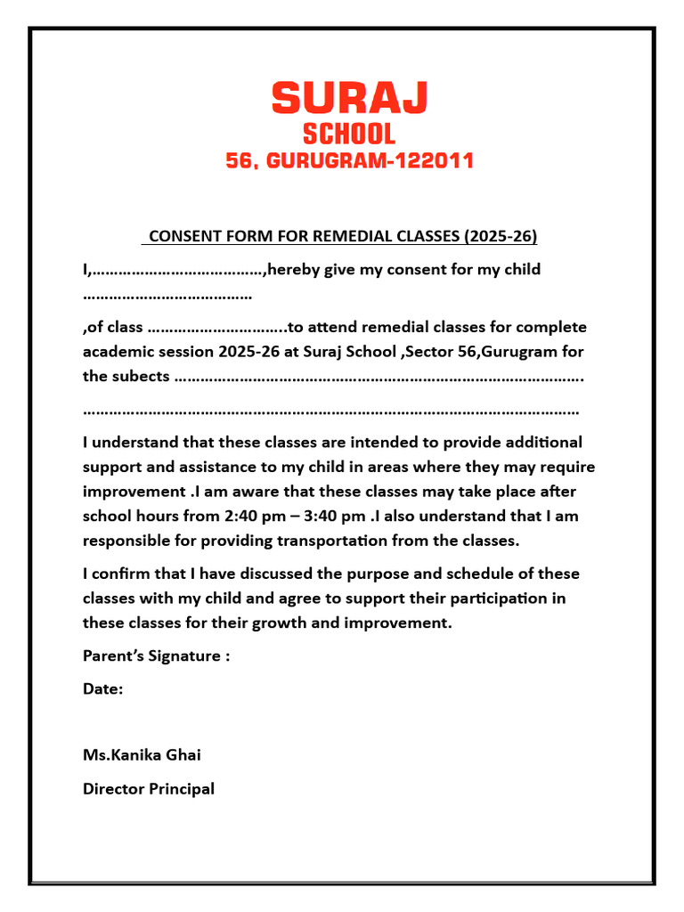 Consent Form For Remedial Classes 2025-26 | PDF