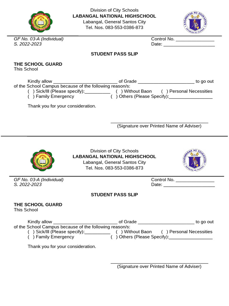 Student Pass Slip for School Exit | PDF