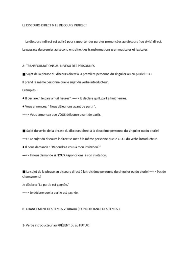 Transformations du Discours Direct/Indirect | PDF | Phrase | Verbe