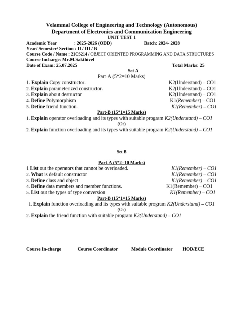 Object-Oriented Programming Test 2025 | PDF