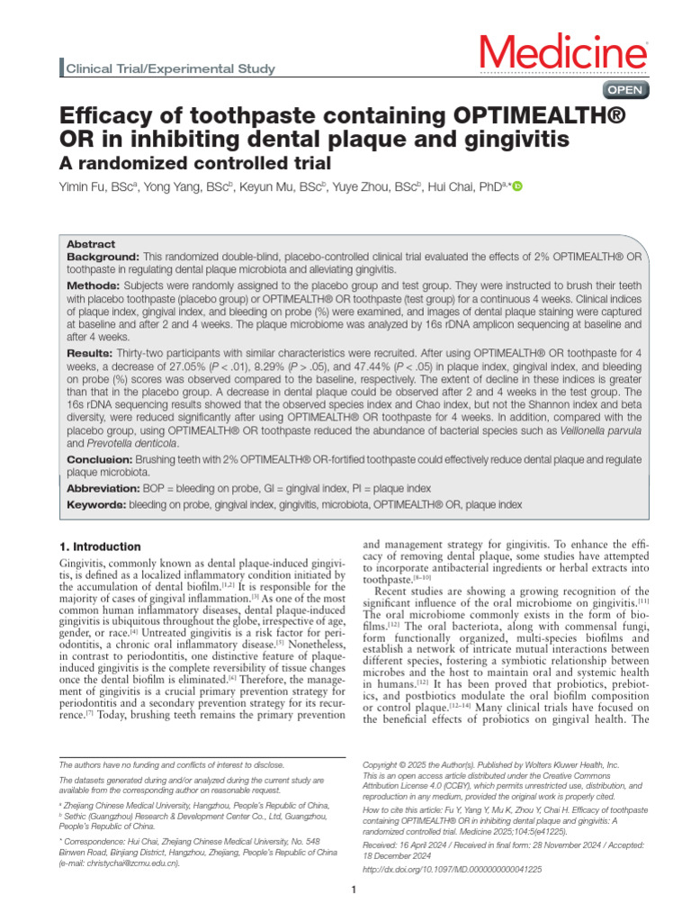 OPTIMealth® OR Toothpaste Efficacy Study | PDF | Clinical Trial ...