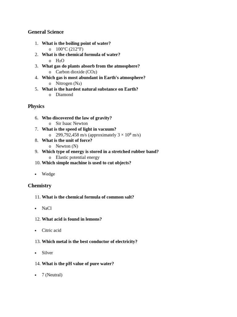 50 Science Quiz Questions and Answers | PDF | Heliocentrism | Physics