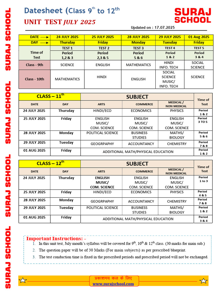 Unit Test Schedule July 2025 | PDF | Inquiry | Science