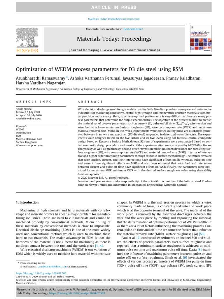 WEDM Parameter Optimization for D3 Steel | PDF | Surface Roughness ...