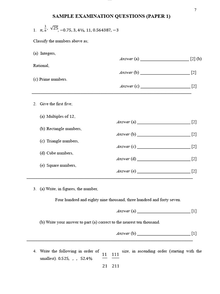 Math Sample Examination Questions | PDF | Numbers | Mathematical Objects