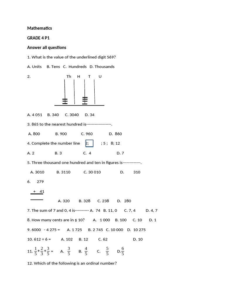 Grade 4 Maths Exam Paper 1 | PDF | Chess