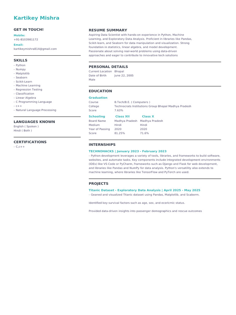 Aspiring Data Scientist Resume | PDF | Data Analysis | Machine Learning