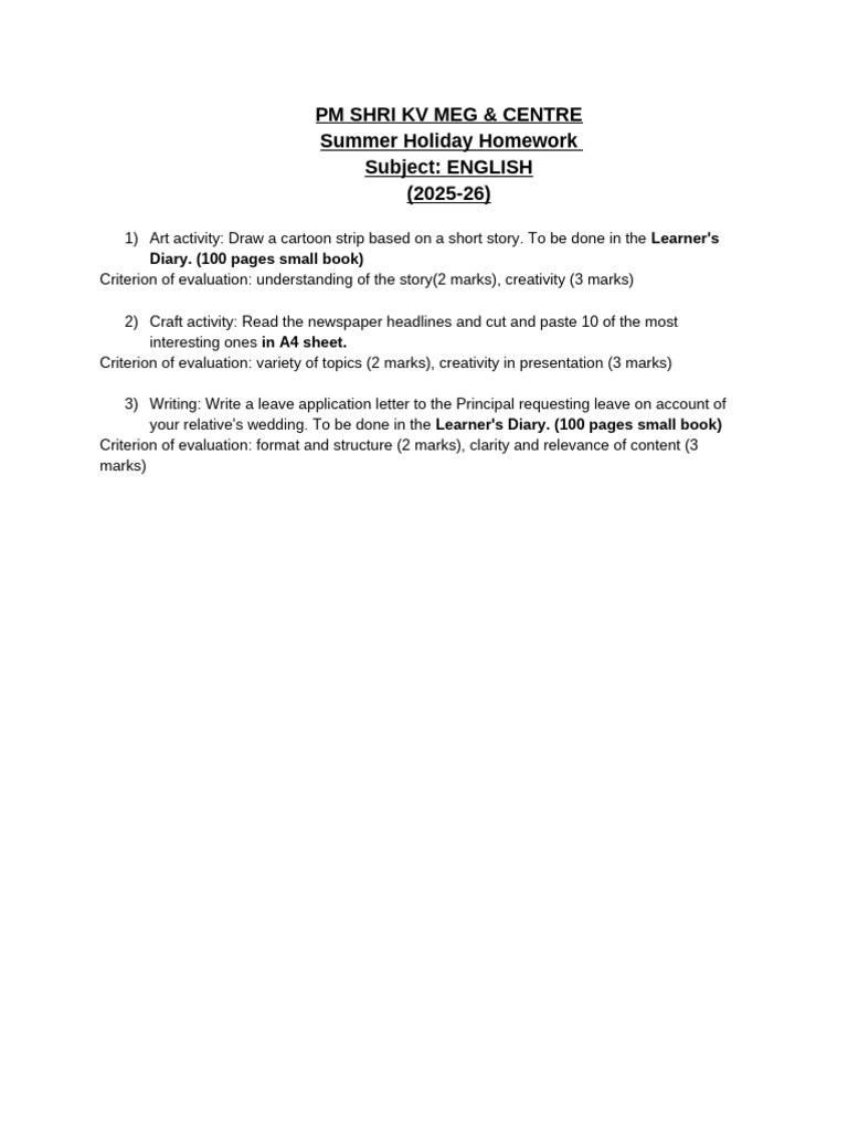 Class 7 - English - Summer Holiday Homework | PDF