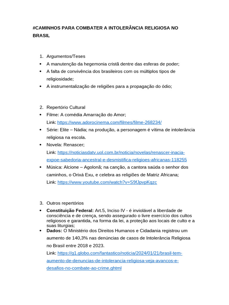 Combate à Intolerância Religiosa no Brasil | PDF