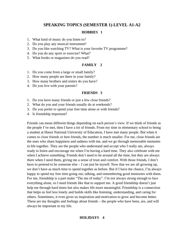 A1-A2 Speaking Topics Guide | PDF