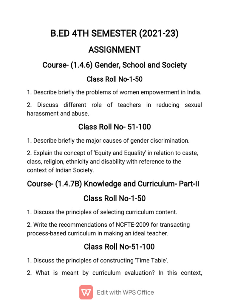 B.Ed 4th Semester Assignment Overview | PDF | Curriculum | Teachers