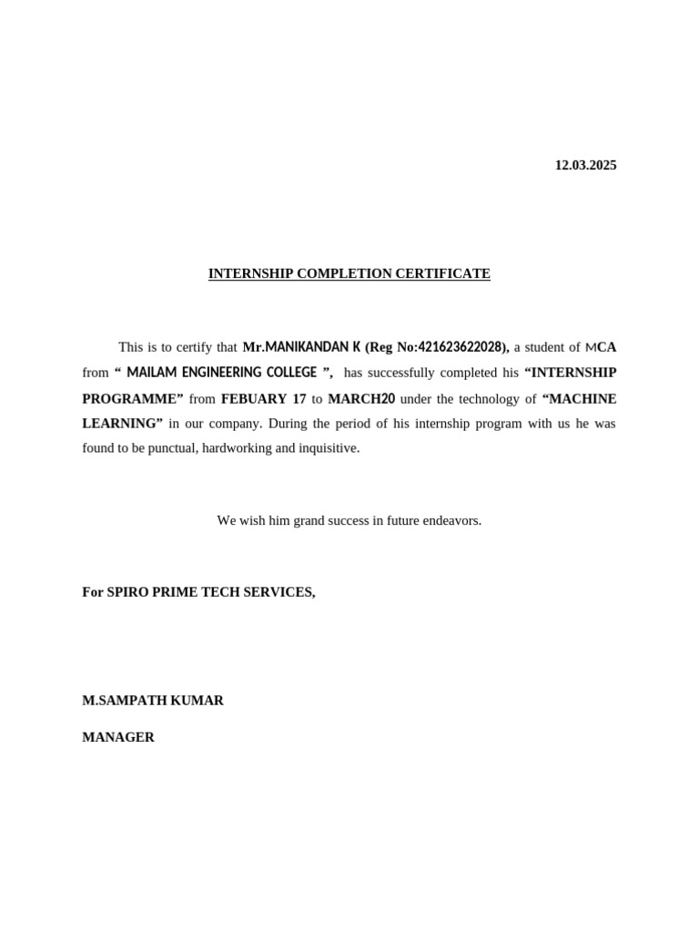 Internship Certificate in Machine Learning | PDF