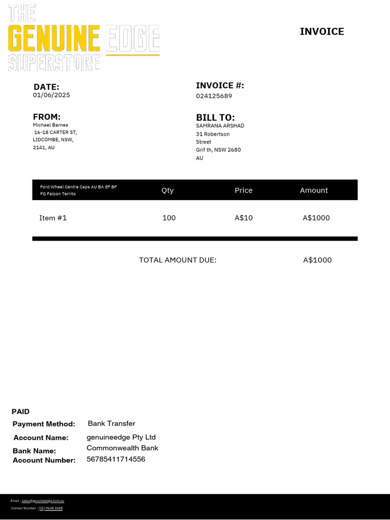 Invoice for Ford Wheel Centre Caps | PDF