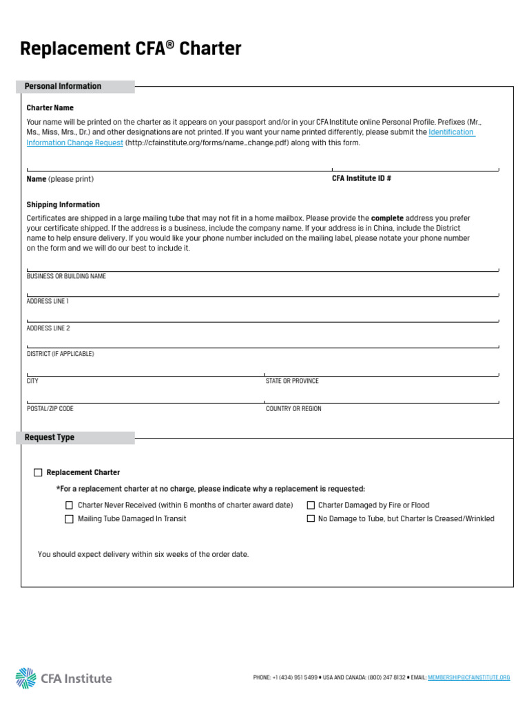 Replacement CFA Charter Request Form | PDF