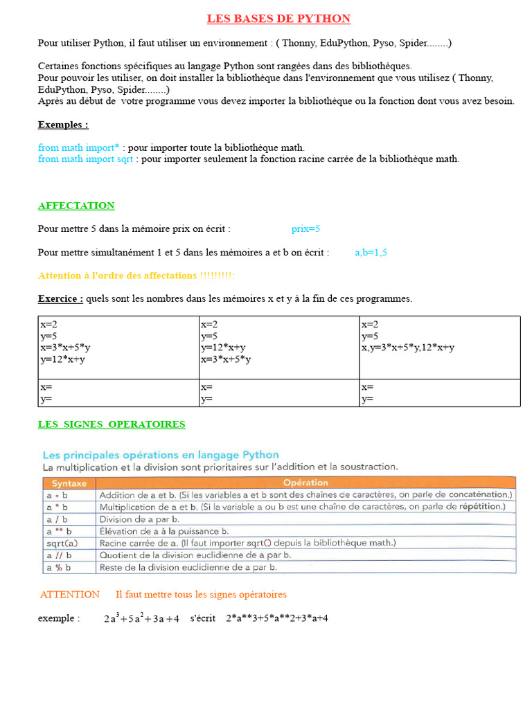 Introduction à Python : Bases et Exercices | PDF | Mathématiques