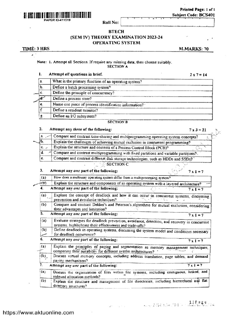 Btech Cs 4 Sem Operating System Bcs401 Aug 2024 | PDF