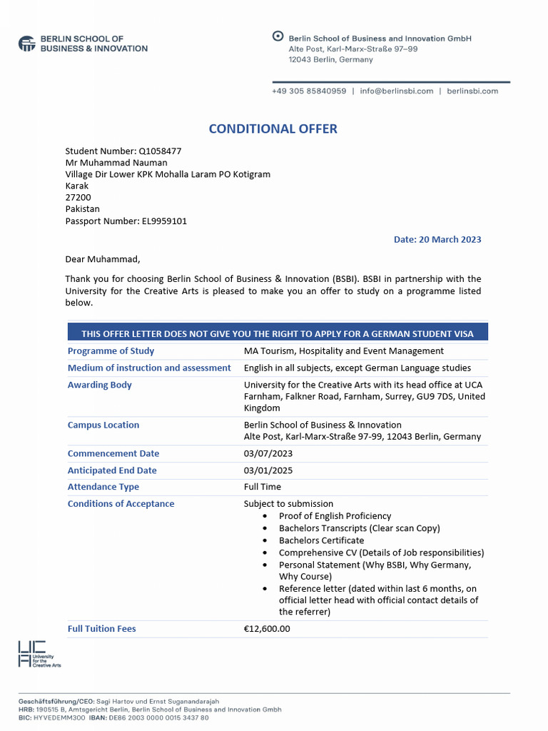 Q1058477 Conditional Offer Letter - Muhammad Nauman | PDF | Cost Of ...