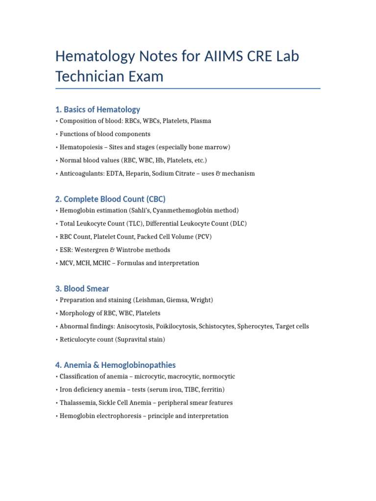 Hematology Notes for Lab Technicians | PDF