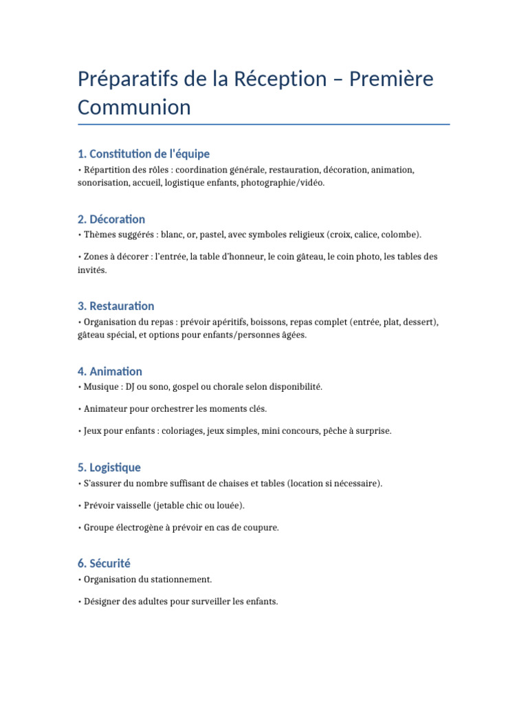 Guide de Réception pour Première Communion | PDF