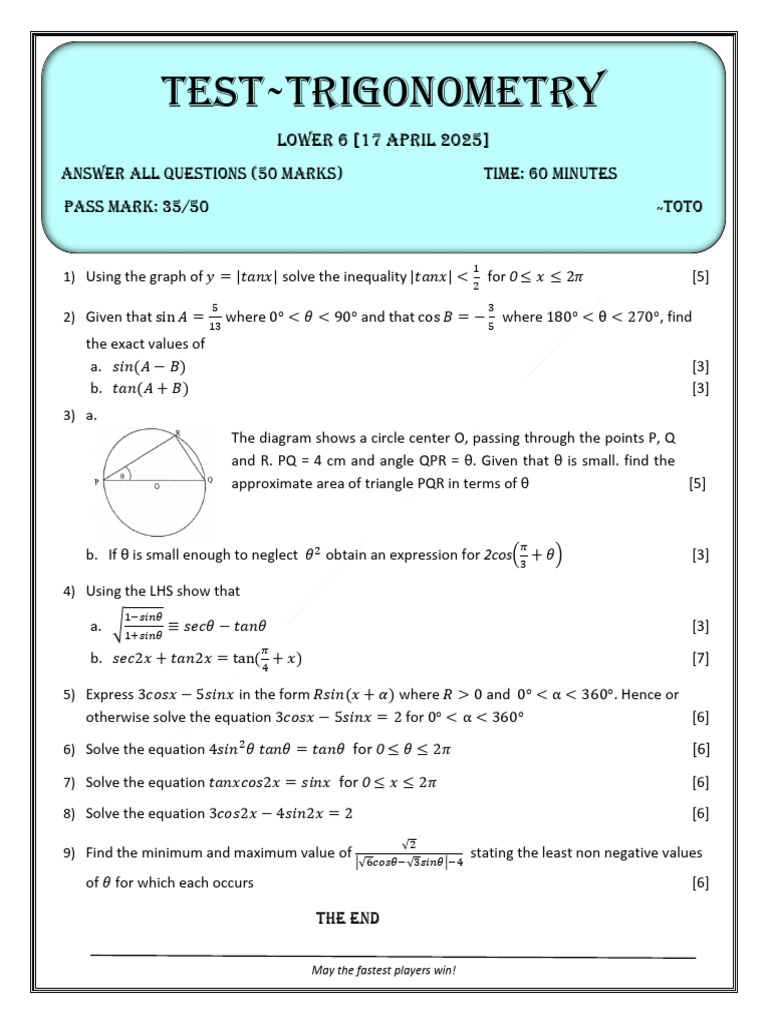 TEST Trigonometry Toto 051929 | PDF | Combinatorics