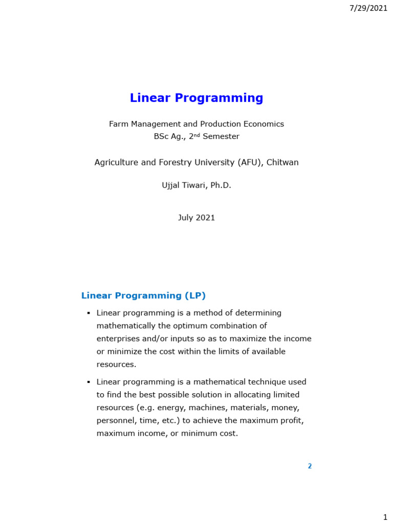 Linear Programming in Agriculture | PDF | Mathematical Optimization ...