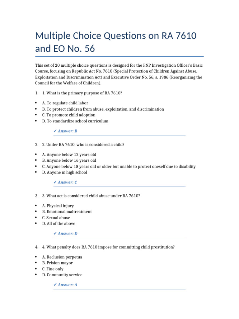 RA 7610 & EO 56: Quiz for Social Workers | PDF | Child Abuse | Child ...