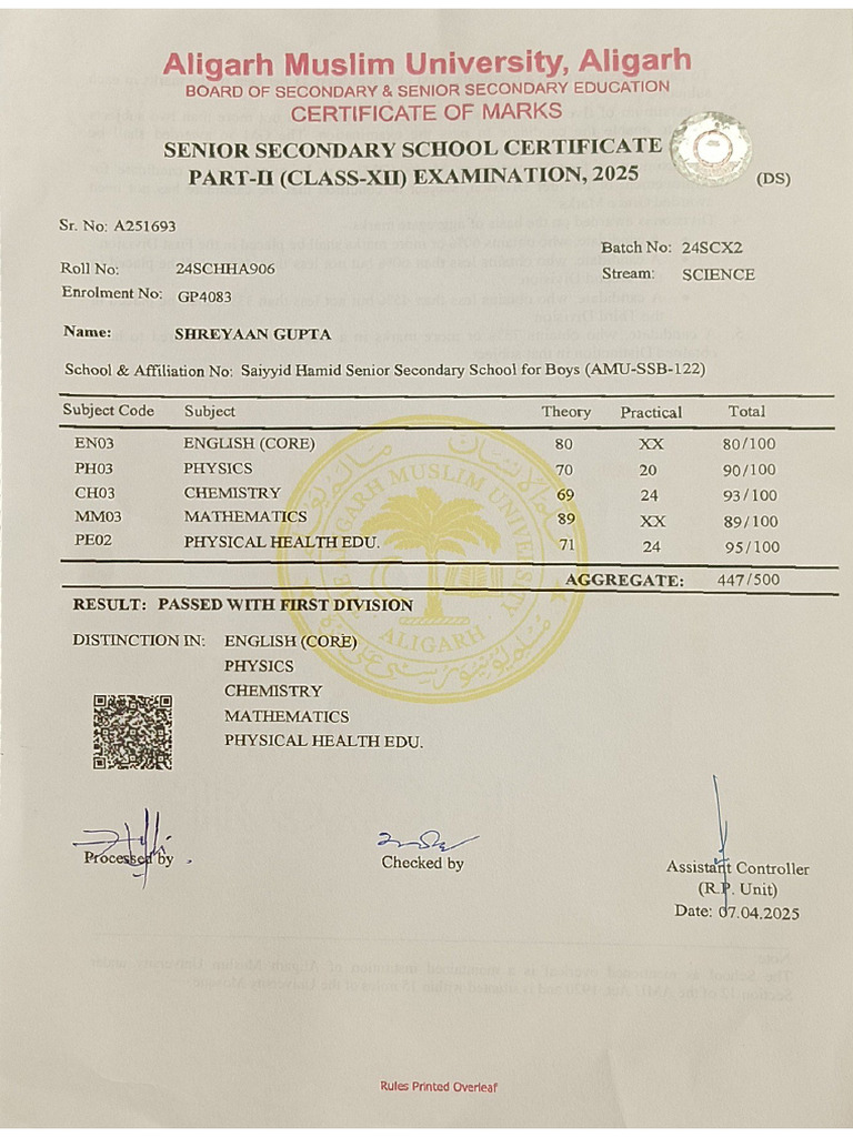 Amu 12th Marksheet | PDF