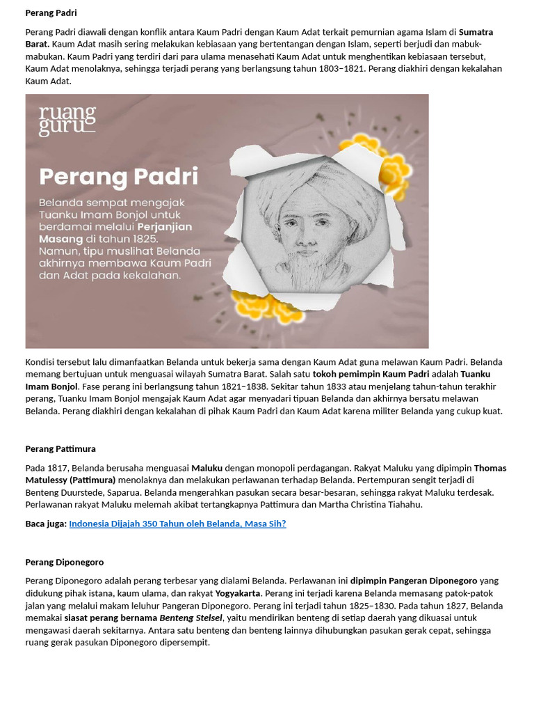 Latar Belakang Perang Padri 1825 | PDF